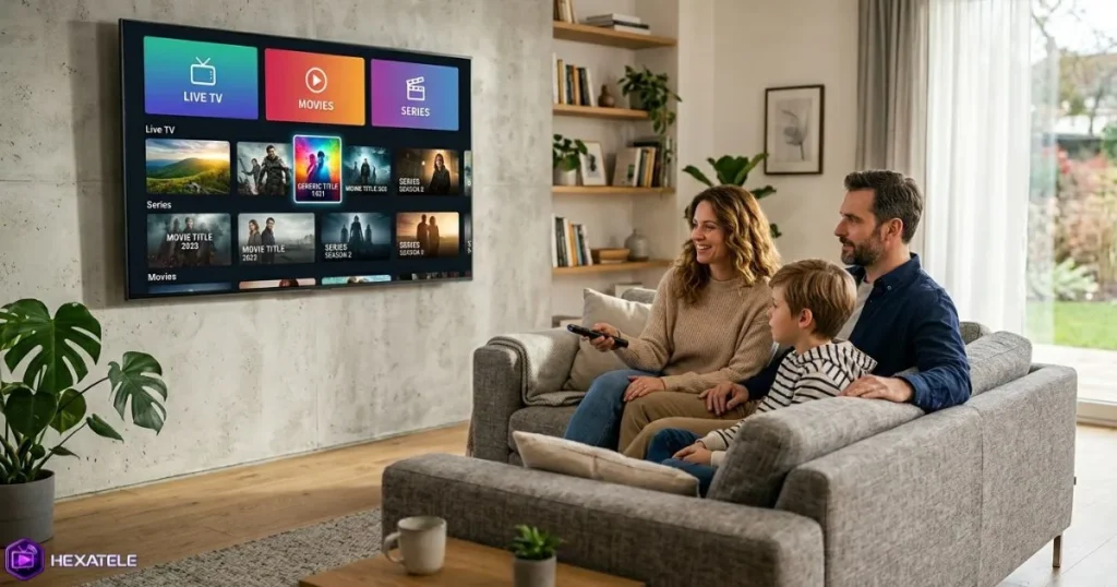 Famille française qui regarde un service IPTV France sur Smart TV dans leur salon