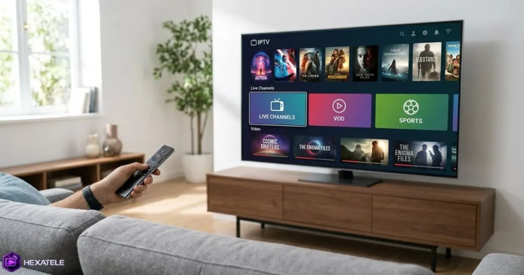 Navigation IPTV fluide sur une Smart TV dans un intérieur moderne