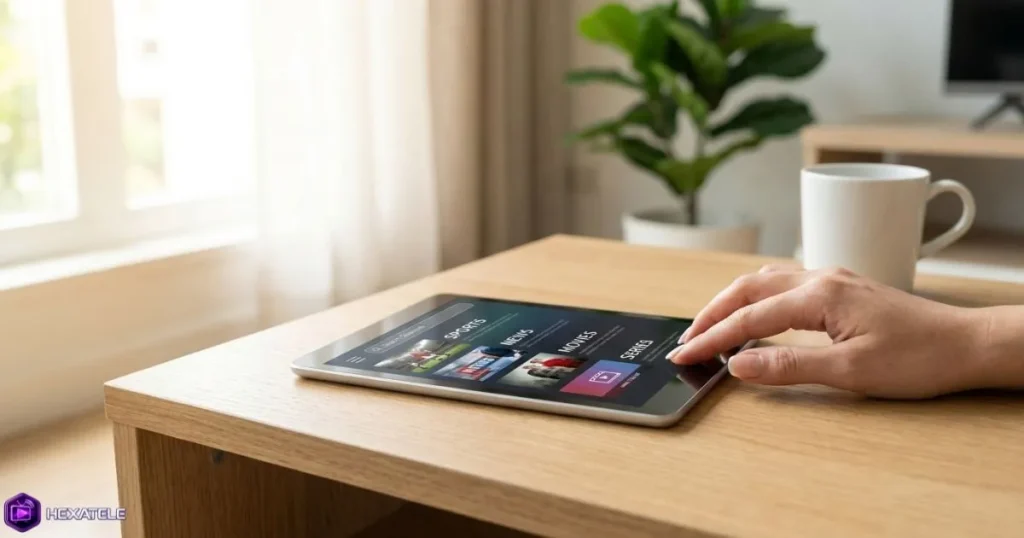 Liste chaînes IPTV affichée sur une tablette posée sur une table basse