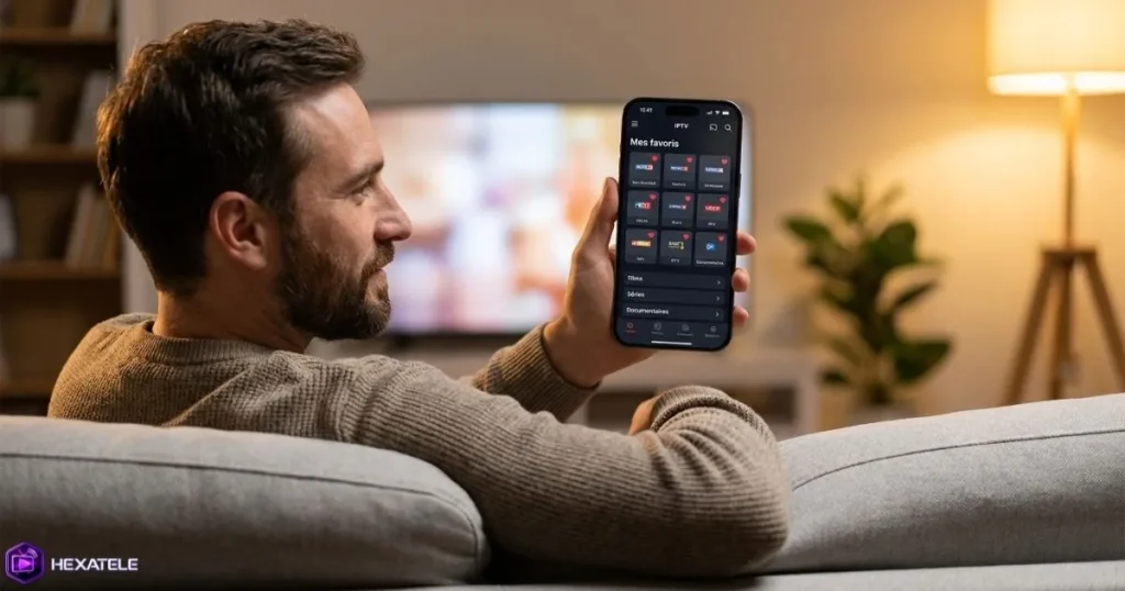 Favoris IPTV configurés sur un smartphone tenu en main dans un canapé