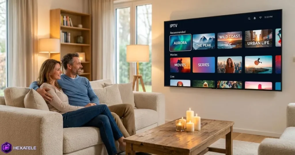 Achat IPTV réussi : famille profitant d'un accès IPTV sur grande Smart TV