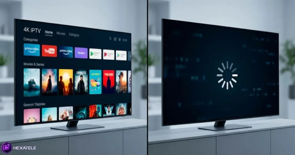 Comparaison qualité IPTV entre image fluide 4K et écran en buffering