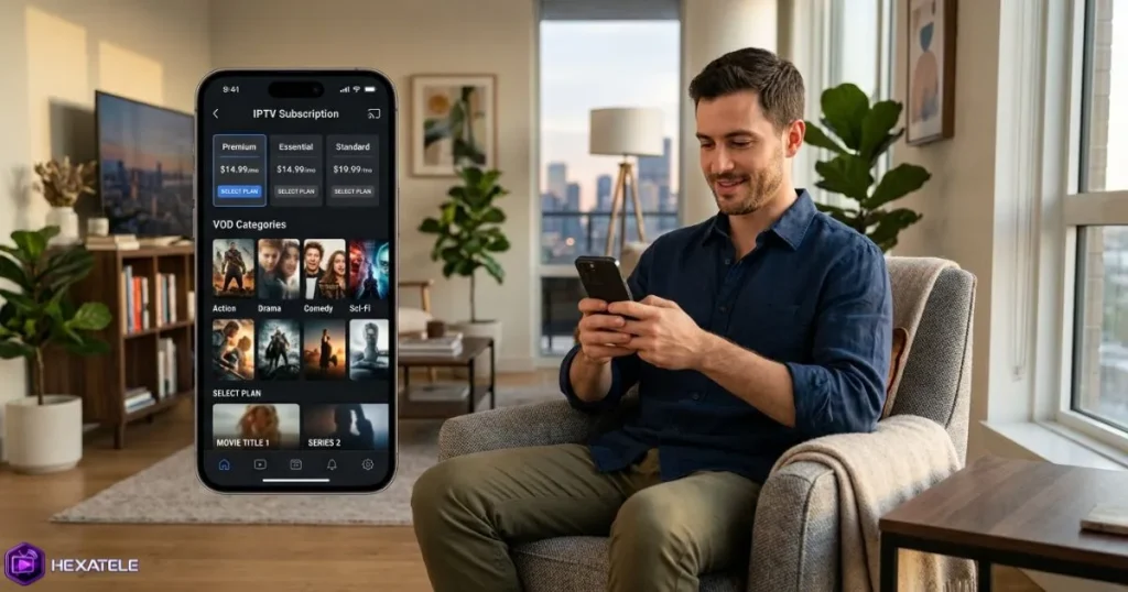 Homme qui configure son offre IPTV France sur smartphone depuis son canapé