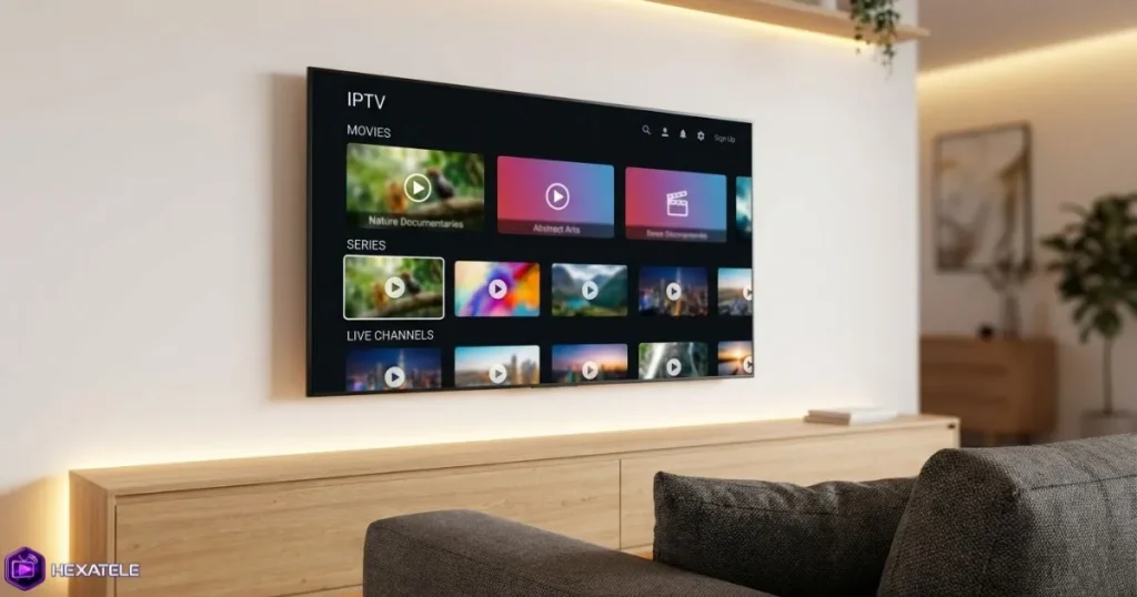 Offre IPTV bon rapport qualité-prix affichée sur une Smart TV dans un intérieur moderne