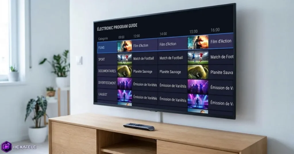 Interface guide IPTV avec catégories de programmes sur écran de télévision