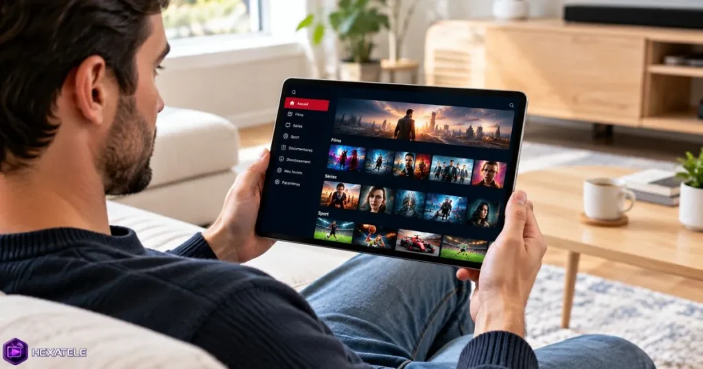 Personne évaluant le contenu IPTV sur une tablette pendant une période d'essai
