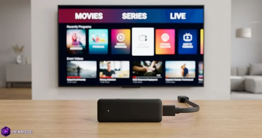 Interface d'un abonnement IPTV sur clé Android affichant des chaînes et contenus VOD