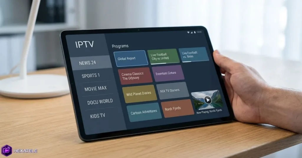 Interface d'une application IPTV affichant un guide des programmes EPG sur tablette