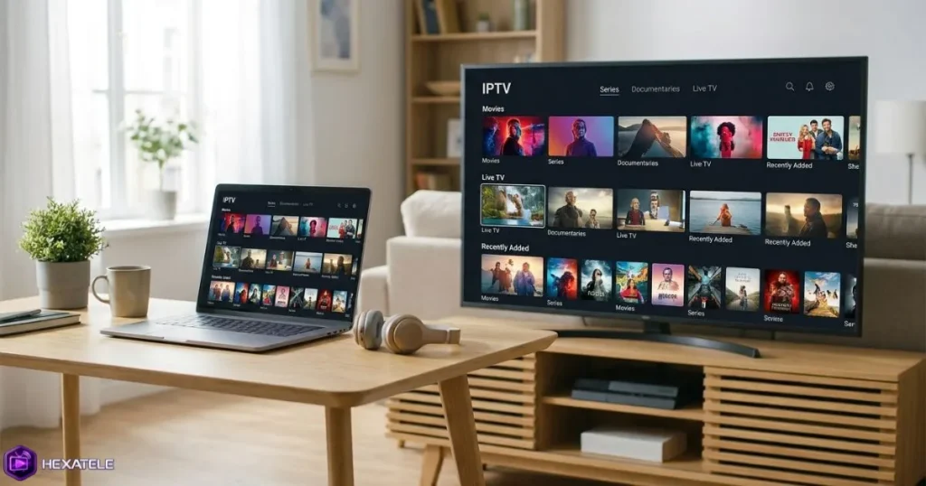 Application IPTV gratuite Smart TV affichant un catalogue de contenu sur plusieurs appareils