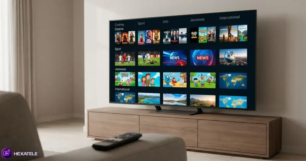 Interface montrant les chaînes IPTV incluses dans une offre annuelle sur télévision connectée