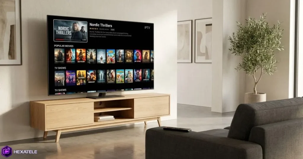 Smart TV affichant une interface IPTV moderne dans un salon, meilleur IPTV en France