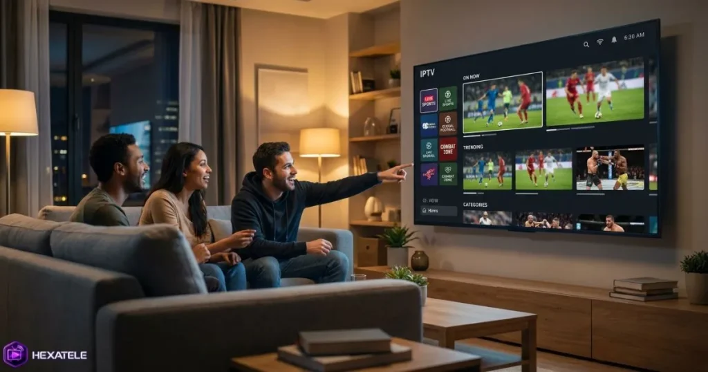 Football IPTV et sports de combat regardés en direct sur grand écran