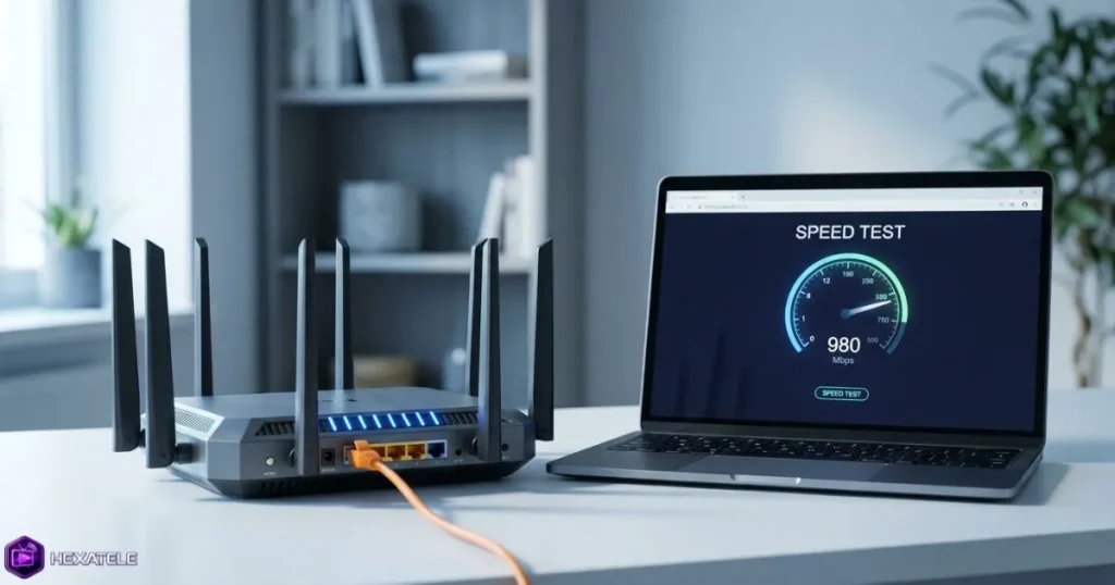 Test de débit Internet IPTV sur ordinateur portable avec routeur Wi-Fi haut de gamme