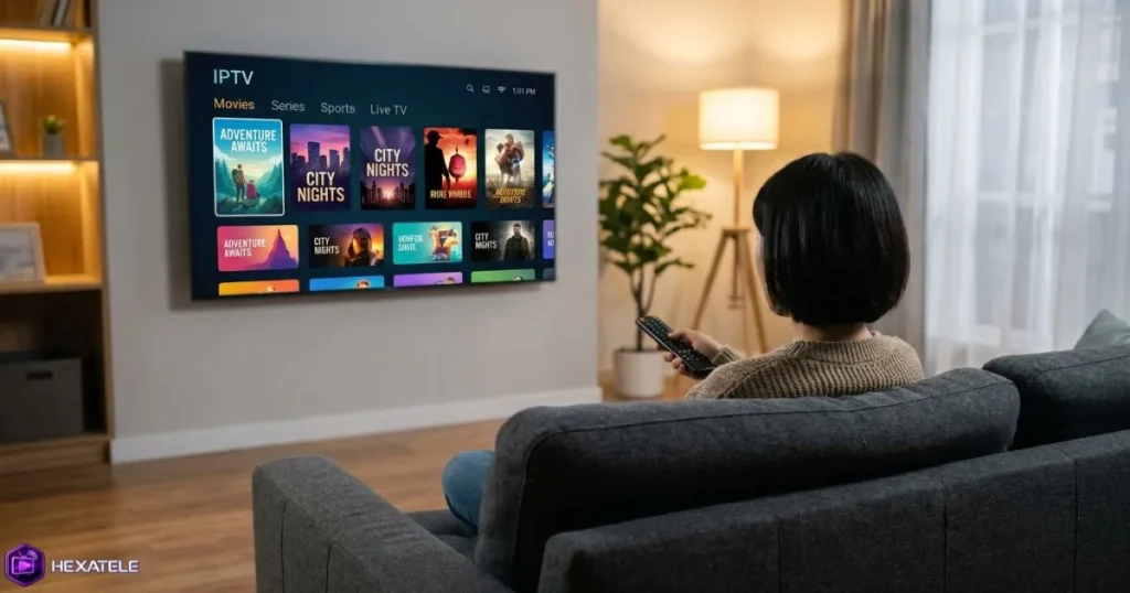 Lecteur IPTV Smart TV utilisé dans un salon moderne pour regarder des chaînes en direct