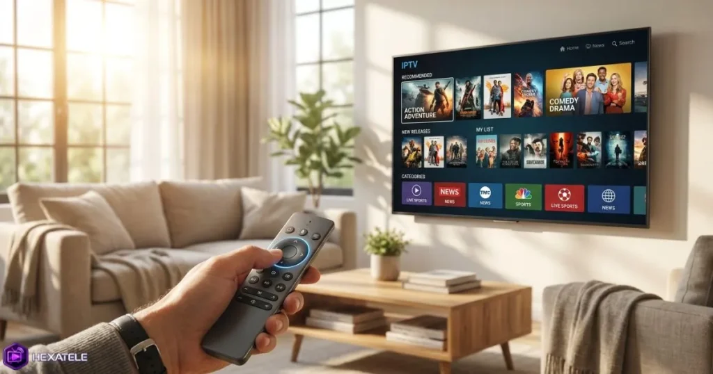 Abonnement IPTV activé sur Smart TV avec accès aux chaînes sport et VOD en haute définition
