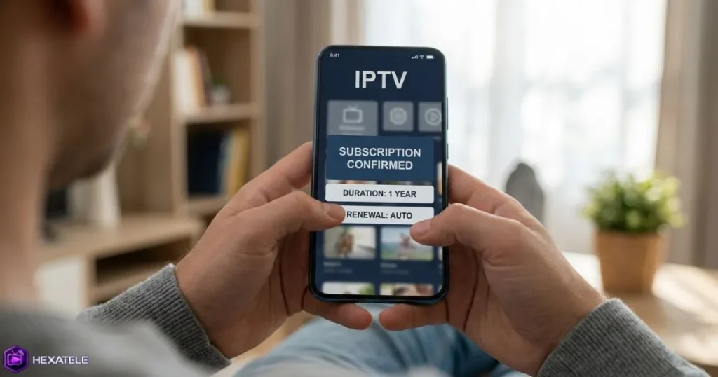 Utilisateur vérifiant les conditions de renouvellement de son abonnement IPTV 1 an sur smartphone