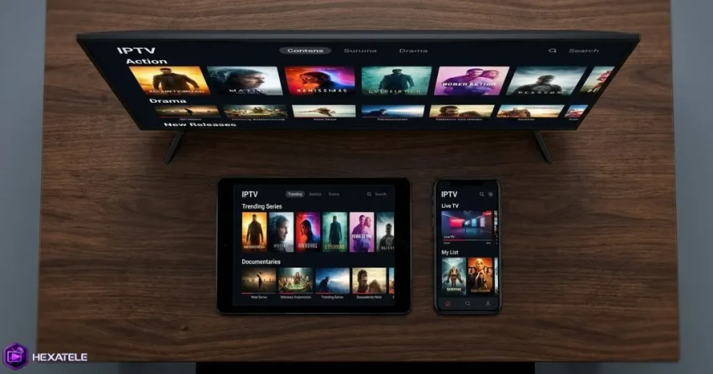 Plusieurs appareils compatibles IPTV - smartphone, tablette et Smart TV affichant une interface de streaming générique