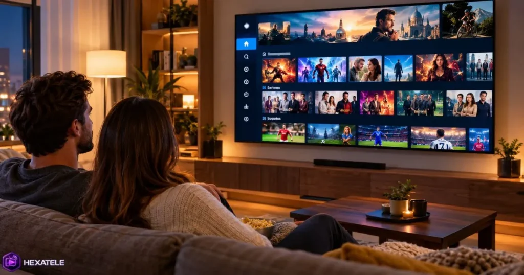 Lecteur IPTV stable sur grand écran télévision en famille dans un salon
