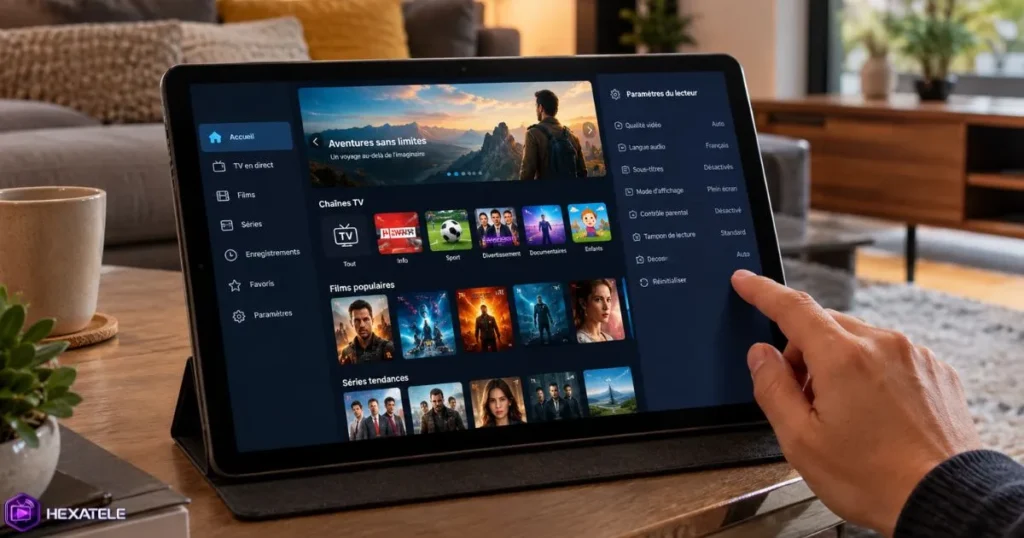 Interface d'une application IPTV en streaming sur tablette pour améliorer la qualité de lecture IPTV