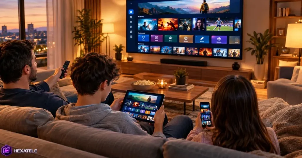 Compte IPTV multi-appareils utilisé en famille dans un salon moderne