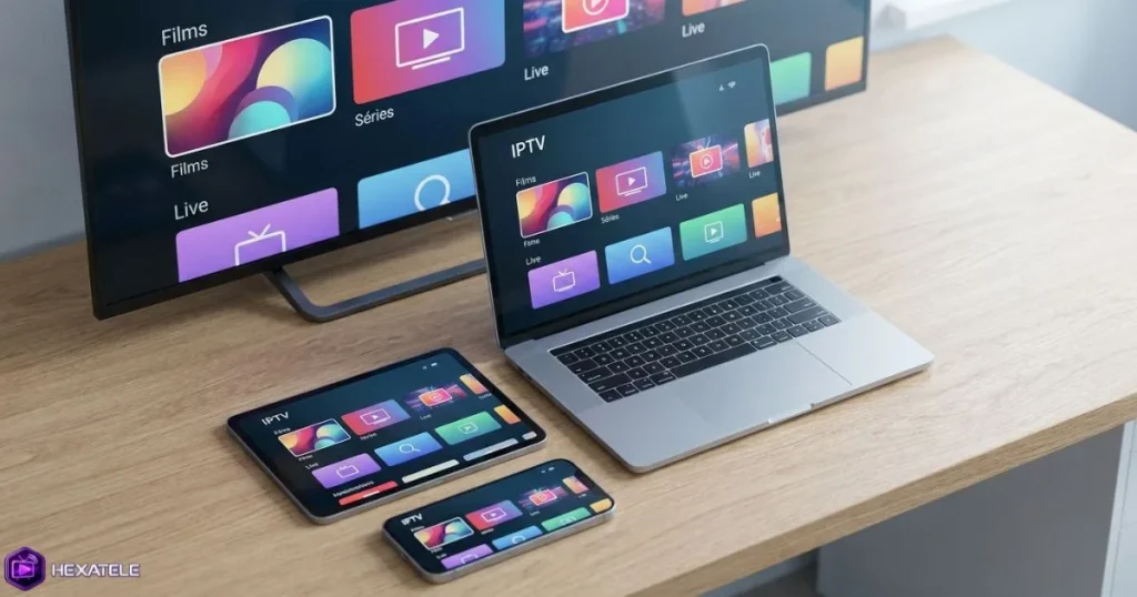 Plusieurs appareils connectés affichant une application IPTV moderne
