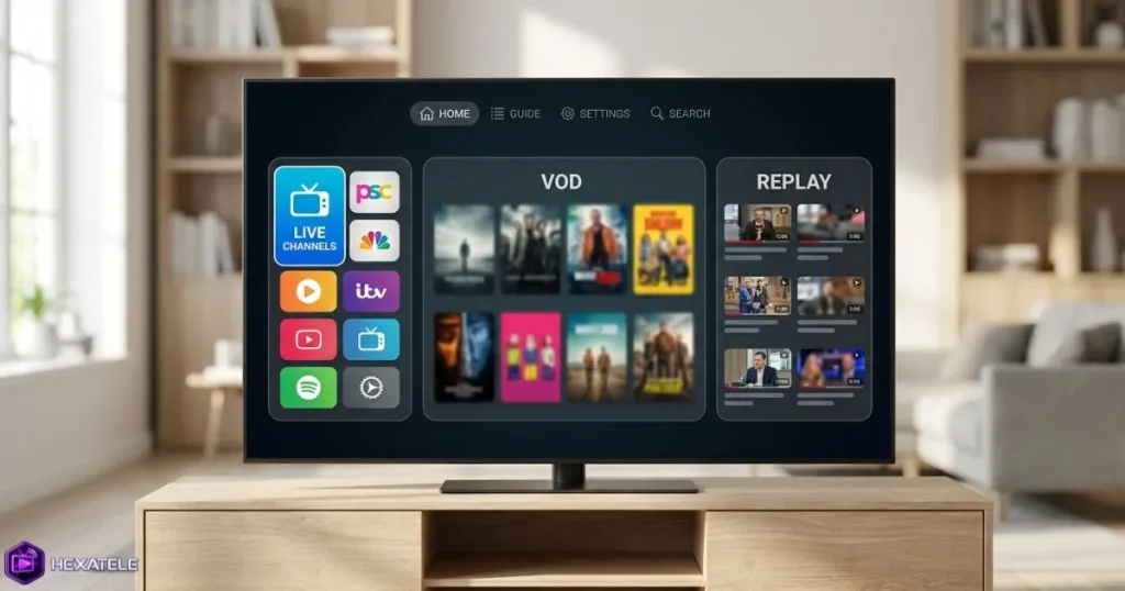 Interface d'un abonnement IPTV affichant chaînes en direct, VOD et replay sur une Smart TV