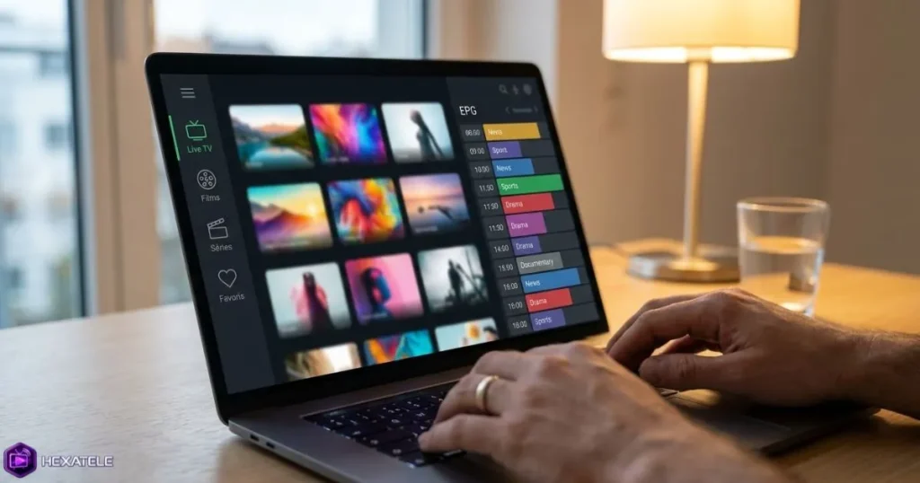 Interface de logiciel IPTV affichée sur un ordinateur portable Windows