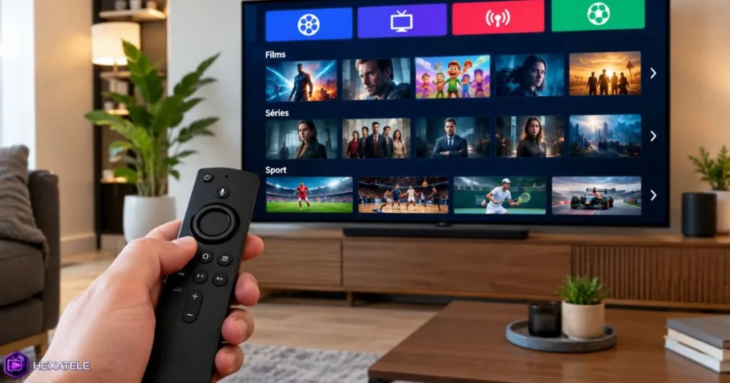 Configuration IPTV sur Firestick connecté à une télévision dans un intérieur moderne