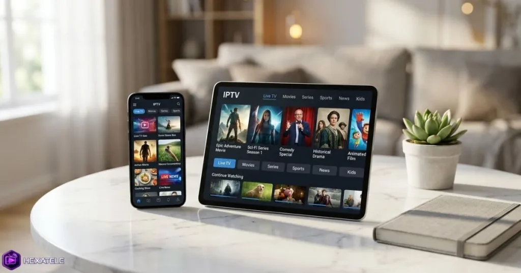 Vérification d'une playlist IPTV sur smartphone et tablette posés sur une table
