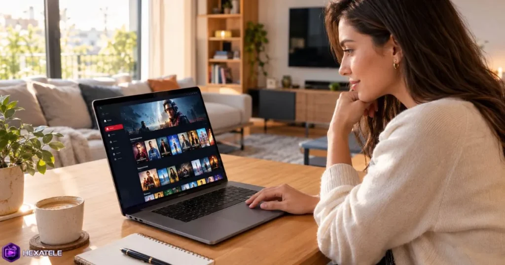 Femme testant une formule IPTV en période d'essai gratuite sur son ordinateur portable