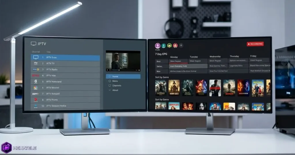 Comparaison logiciel IPTV gratuit et premium sur deux écrans
