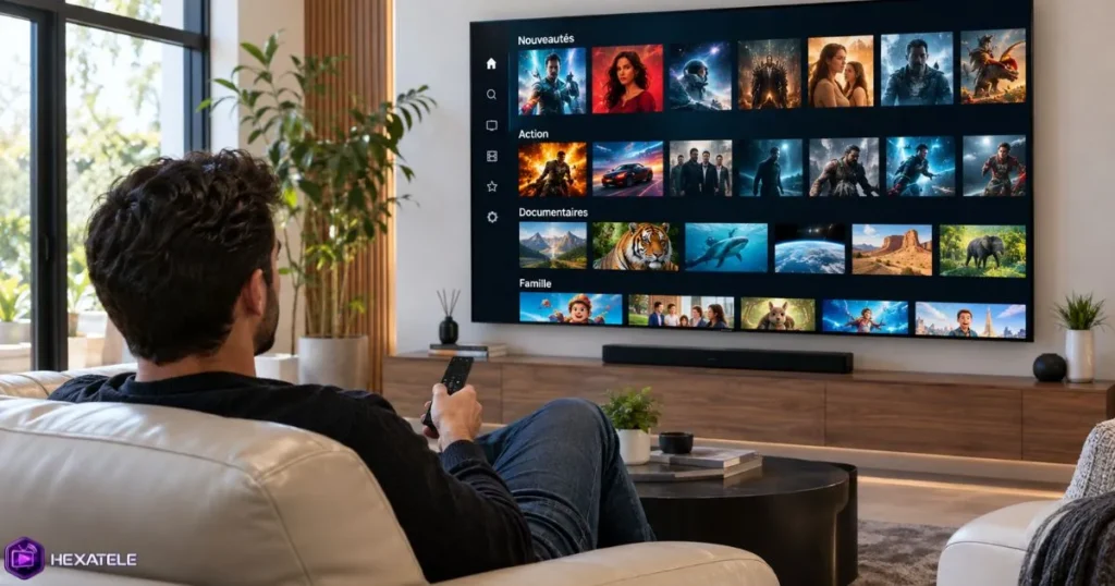Catalogue VOD IPTV sur Smart TV - vidéo à la demande dans un salon moderne