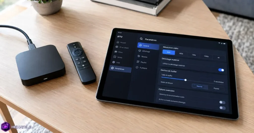 Réglages IPTV Android sur une tablette posée à côté d'une box Android