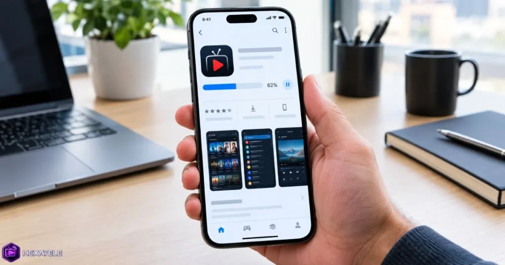 Mise à jour lecteur IPTV en cours sur un smartphone tenu en main
