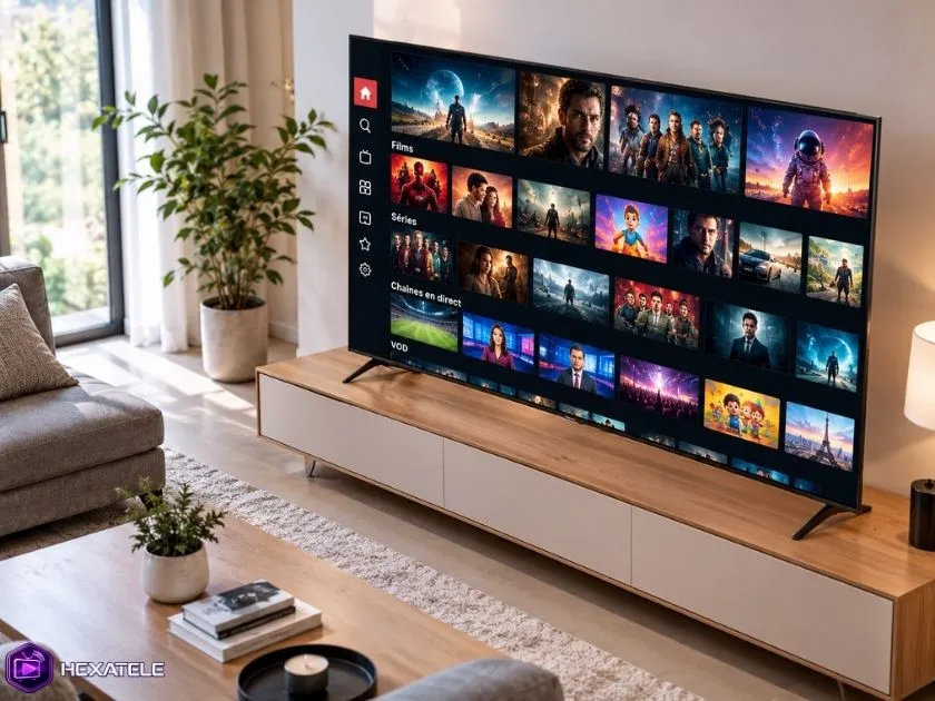 Interface de streaming IPTV affichée sur une Smart TV dans un salon moderne