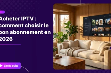 Acheter IPTV sur une Smart TV moderne dans un salon contemporain.