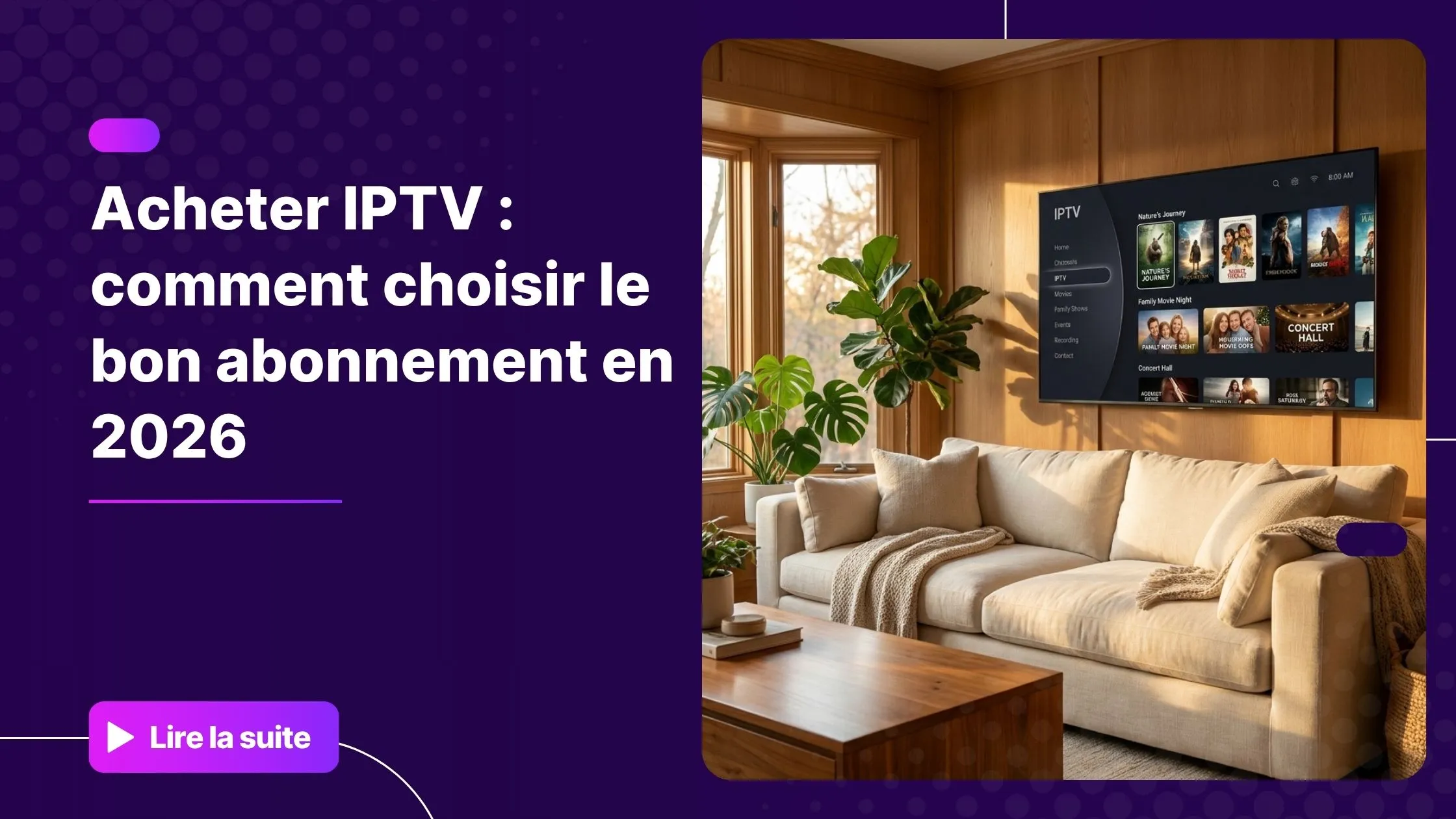 Acheter IPTV sur une Smart TV moderne dans un salon contemporain.
