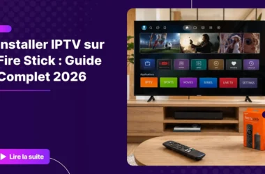 IPTV sur Fire Stick installé sur une Smart TV moderne dans un salon lumineux.