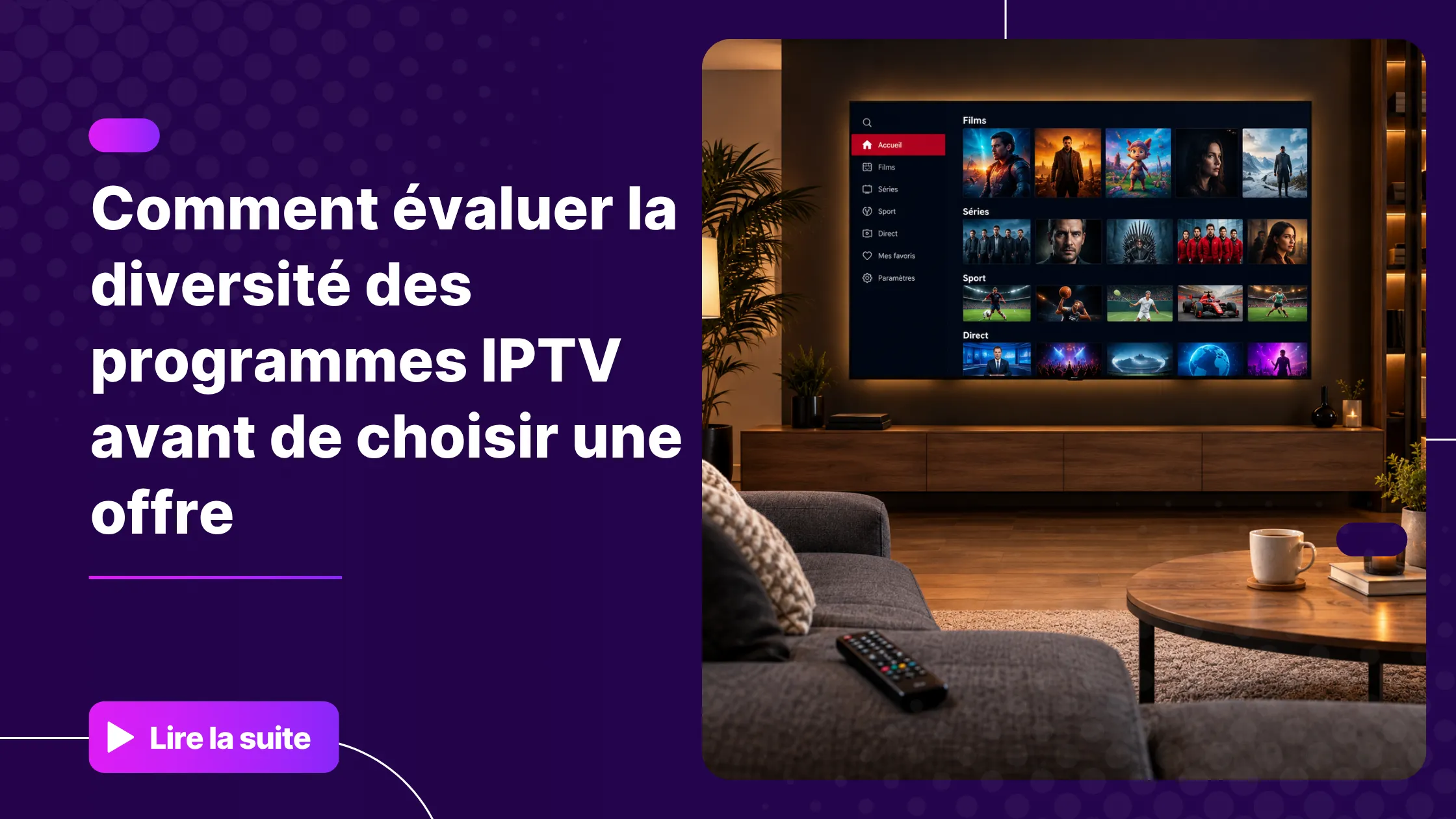 Interface de programmes IPTV sur Smart TV dans un salon moderne