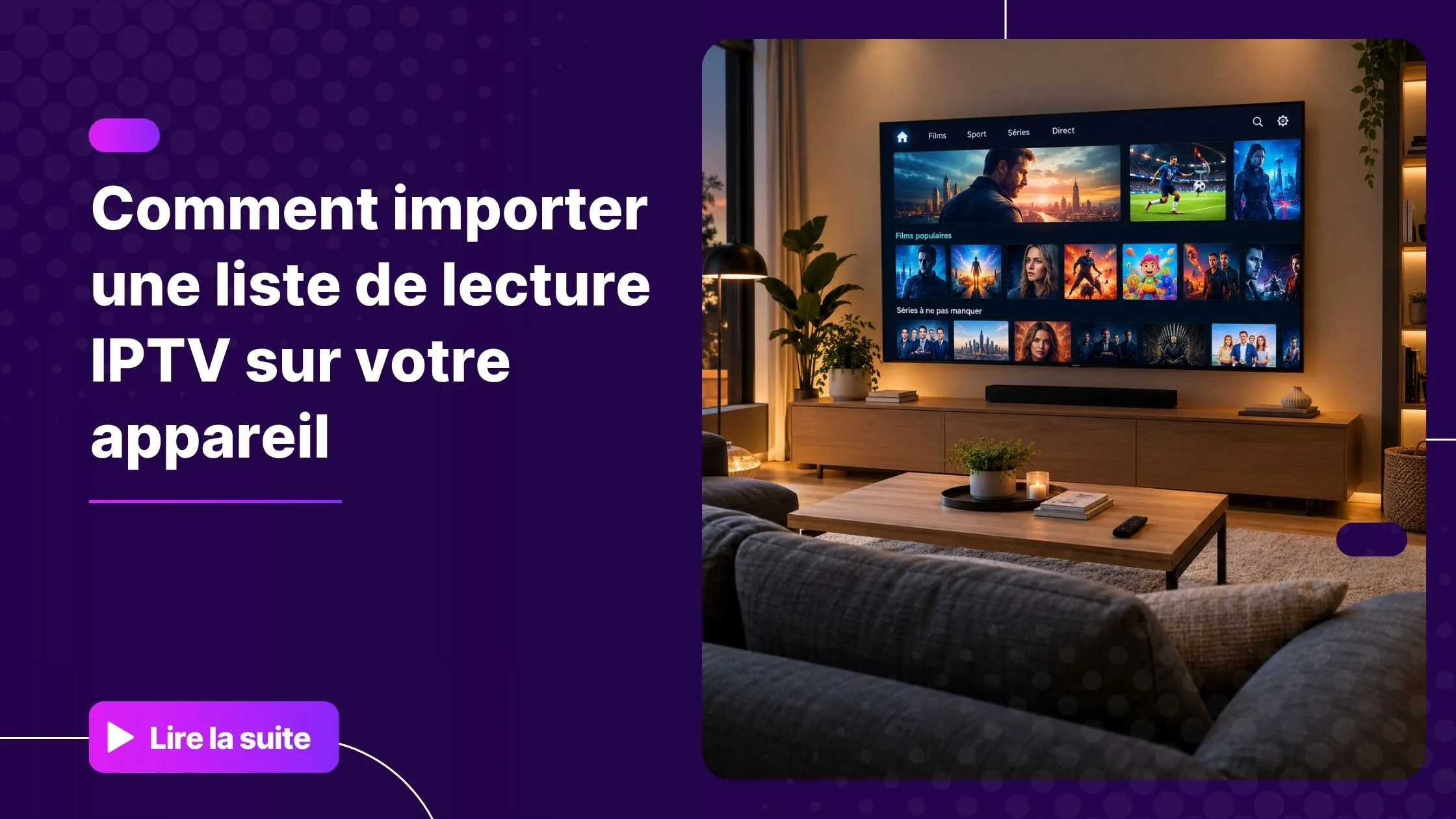 Liste de lecture IPTV affichée sur une Smart TV moderne dans un salon contemporain