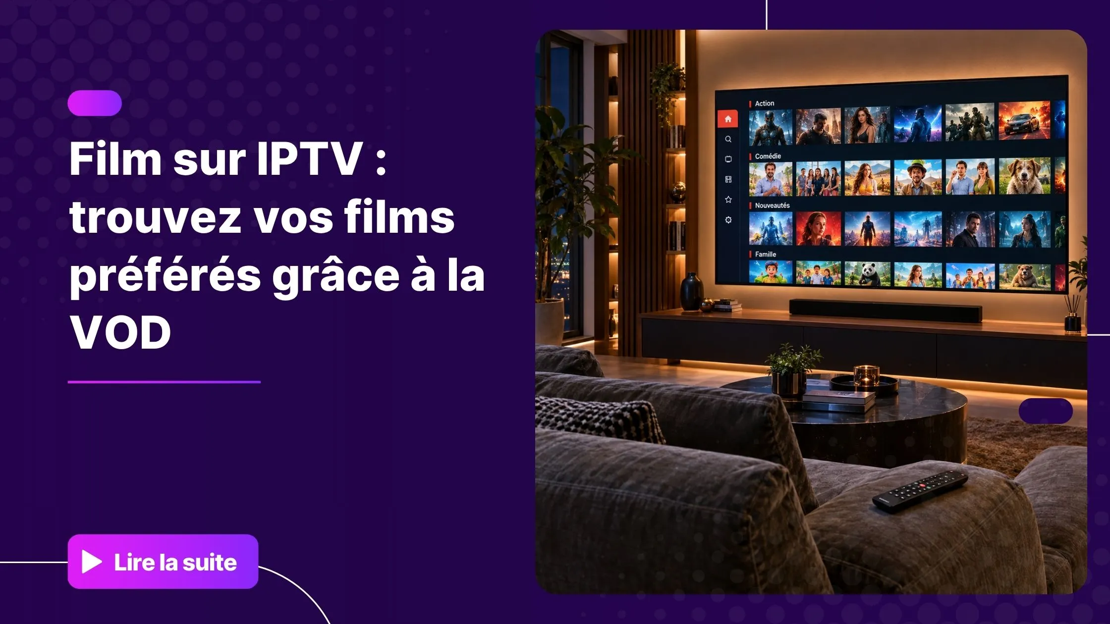 Interface VOD IPTV sur grand écran - catalogue de films à la demande