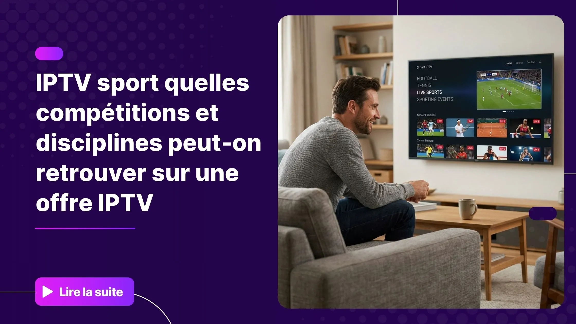 Interface IPTV sport affichant des chaînes sportives en direct sur Smart TV